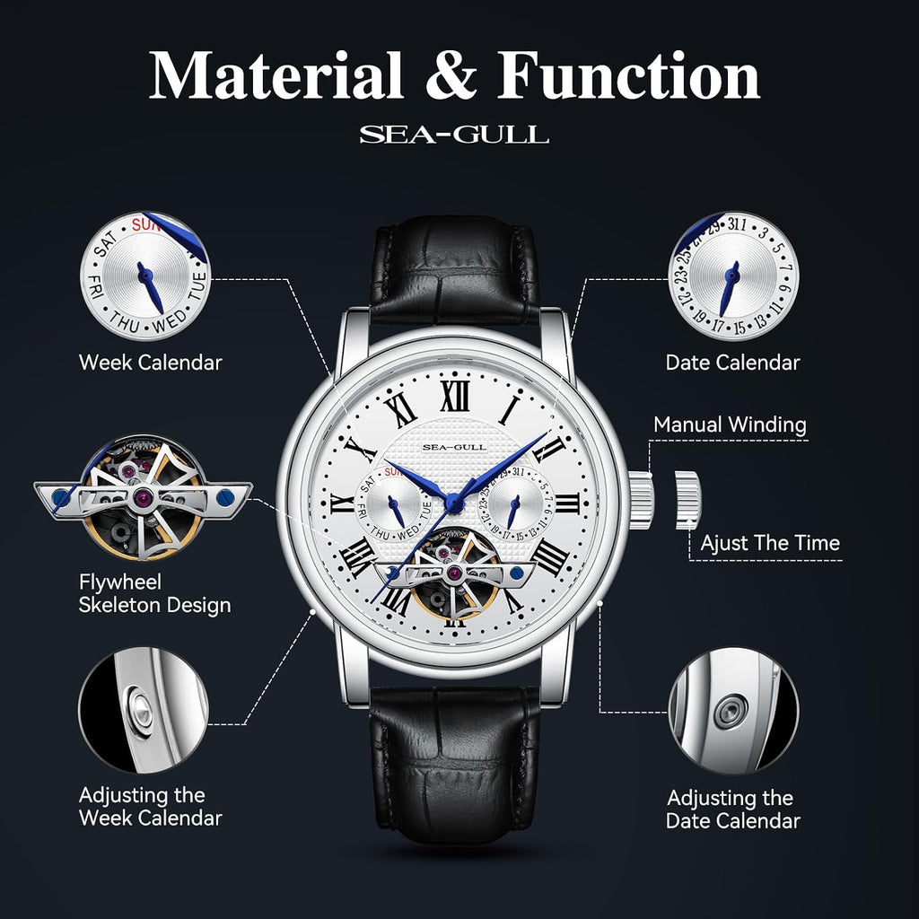 SEA-GULL 2021 Reloj de Hombre Seagull Automático Mecánico Hueco Calendario Potencial Multifunción Volante Negocios, Blanco - D819.626, Correa