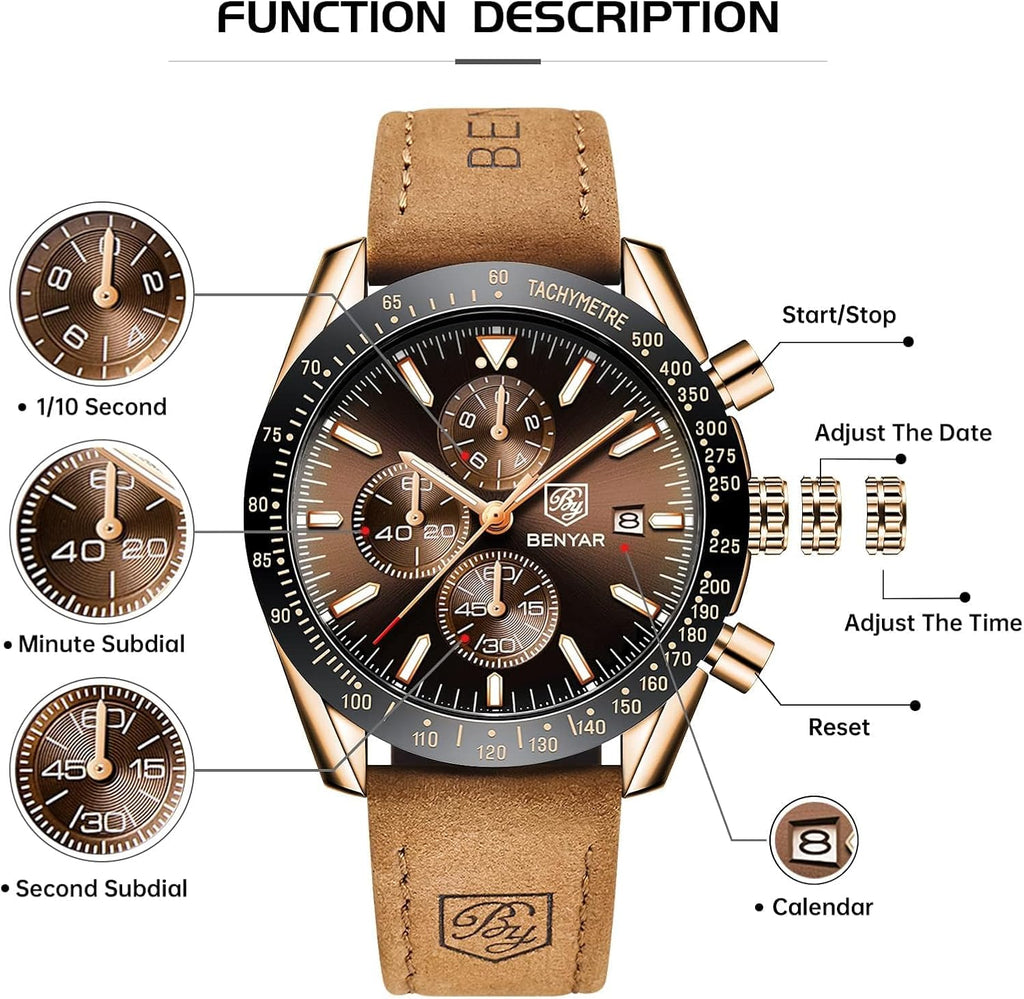BENYAR Relojes de pulsera para hombre, cronógrafo analógico, de cuarzo, impermeables, para negocios, trabajo, casual, deportivo, con calendario