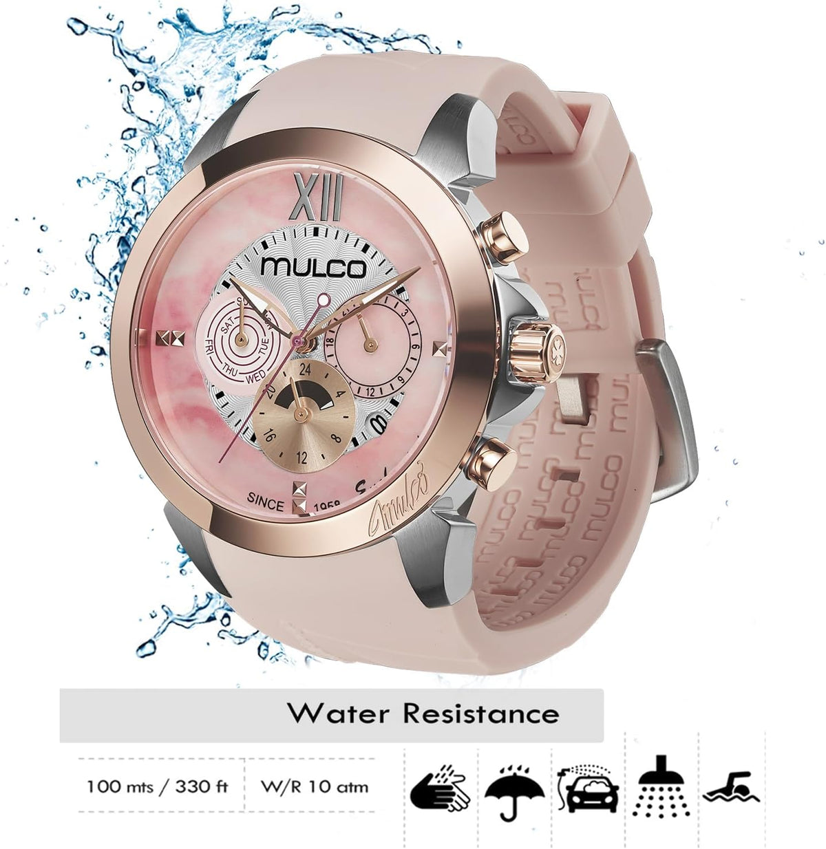 Reloj de lujo impermeable MULCO para mujer - Rose Gold, acero inoxidable, analógico