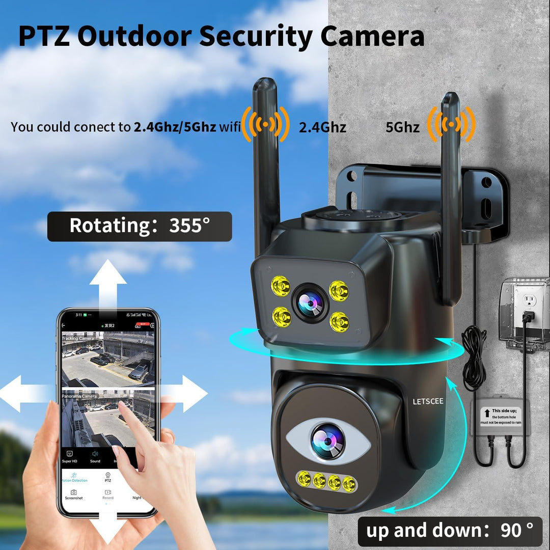 LETSCEE Cámara de seguridad WiFi de doble lente para exteriores, PT...
