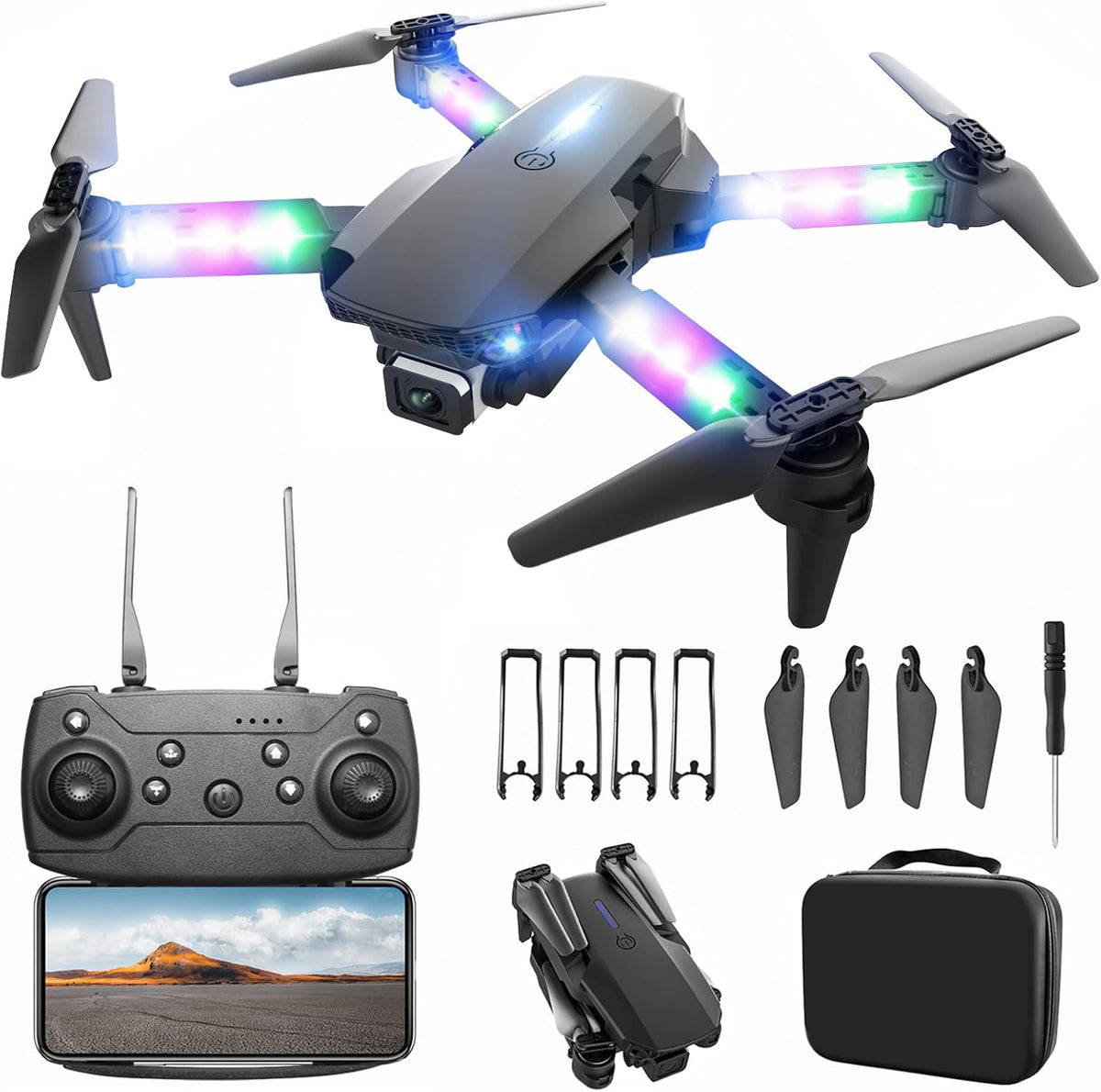 BEZGAR Drone con luces LED para adultos y niños principiantes, negro