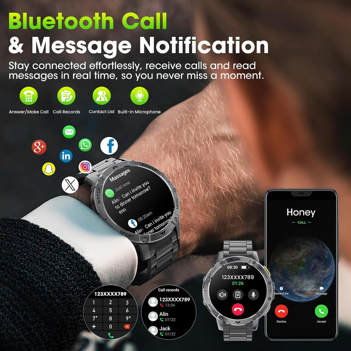 Reloj inteligente militar para hombre, reloj inteligente de 1.7 pulgadas