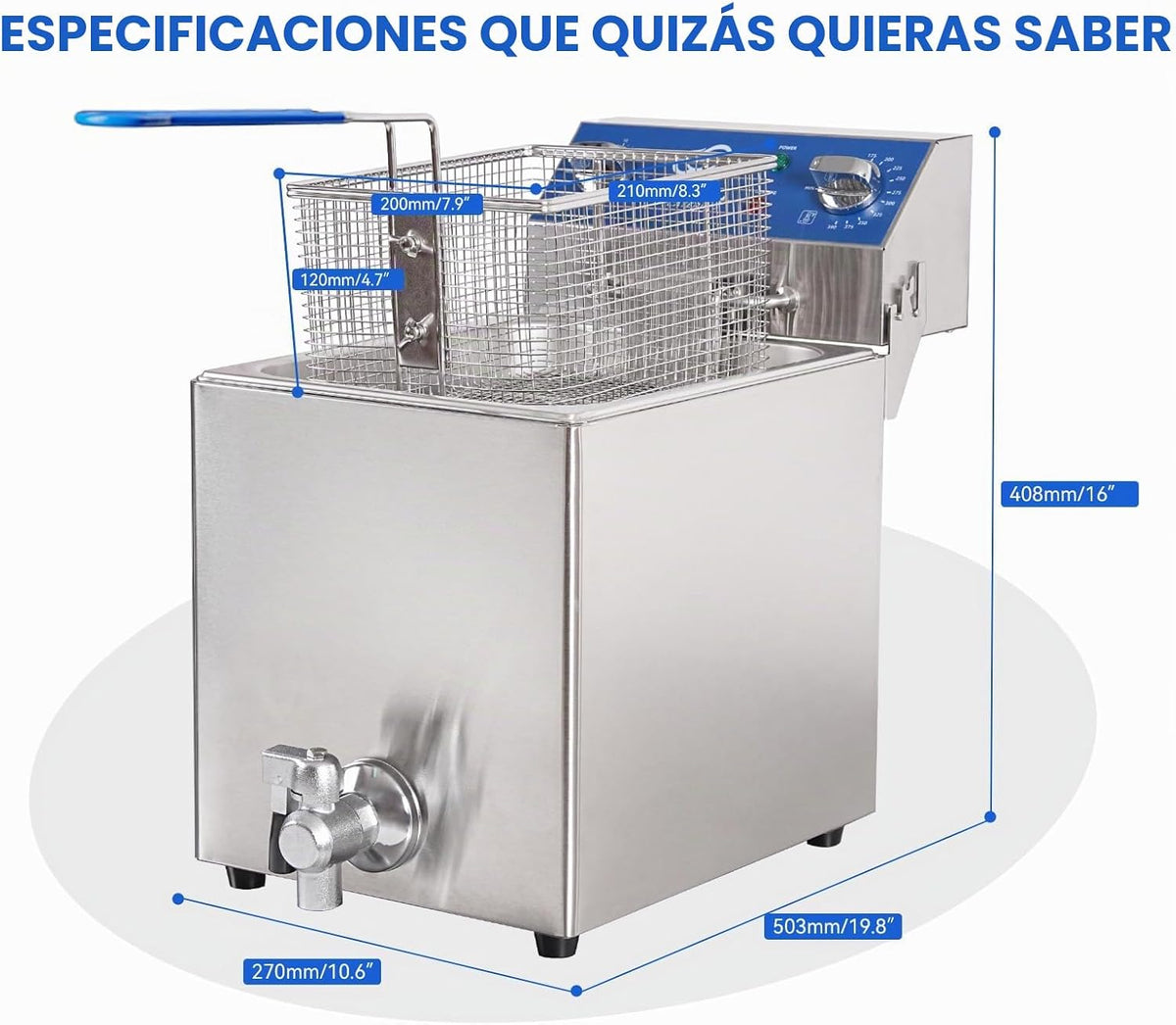 TOPKITCH Freidora Eléctrica de 8.5 Qt con Drenaje de Aceite, Temporizador de 30 Minutos, Tanque de Aceite con Formación por Estiramiento, Tapa y Cesta de Malla de Alambre Sólida, Freidora Profunda