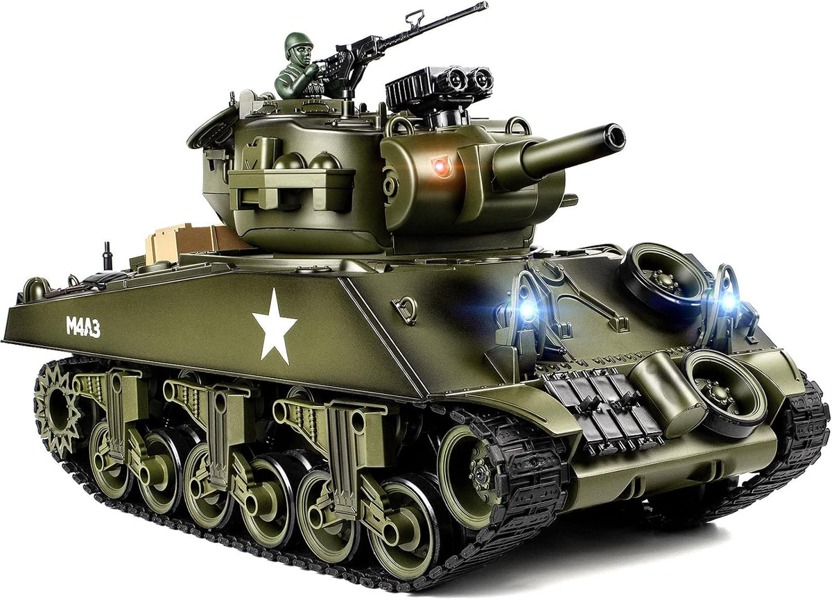 1/18 RC Tank, 2.4G US M4A3 Sherman tanque de control remoto que dispara BBS con humo, sonido y luces, juguete de control remoto modelo ejército de 165 pies, vehículo militar todo terreno para 8 años de edad