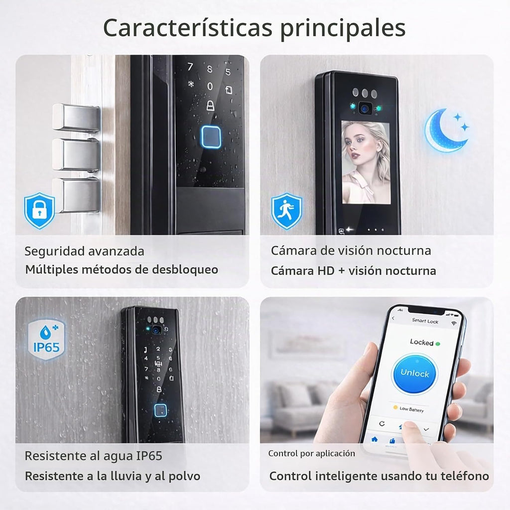 Cerradura de puerta inteligente con videoportero: reconocimiento facial 3D y entrada de huellas dactilares, cerrojo digital Palm Scan con control de aplicaciones, entrada sin llave para hogares