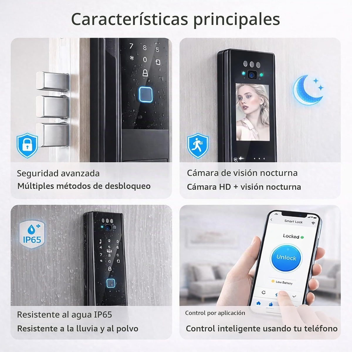 Cerradura de puerta inteligente con videoportero: reconocimiento facial 3D y entrada de huellas dactilares, cerrojo digital Palm Scan con control de aplicaciones, entrada sin llave para hogares