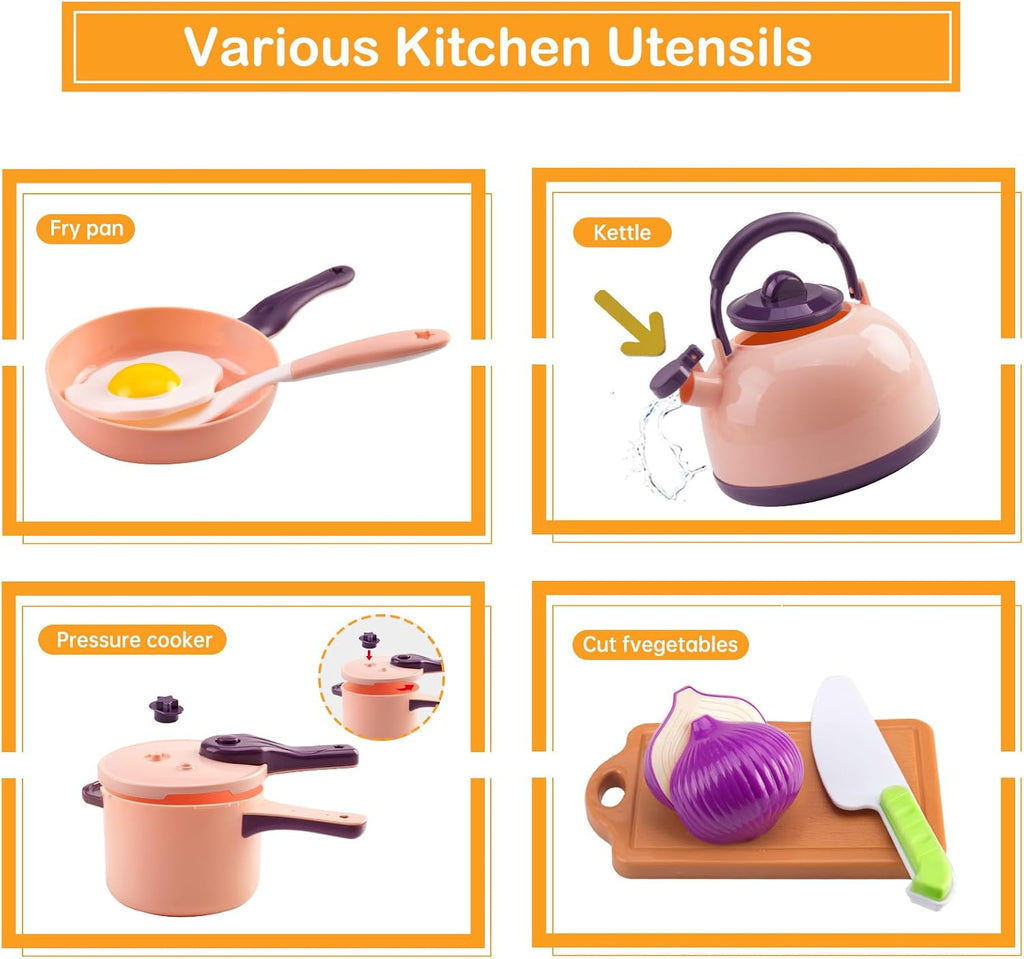 Mini accesorios de cocina de 200 piezas para niños a partir de 3 años, juego de cocina de simulación con utensilios de cocina, vajilla y 2 juegos de frutas, regalo de aprendizaje para niñas y niños, rosa