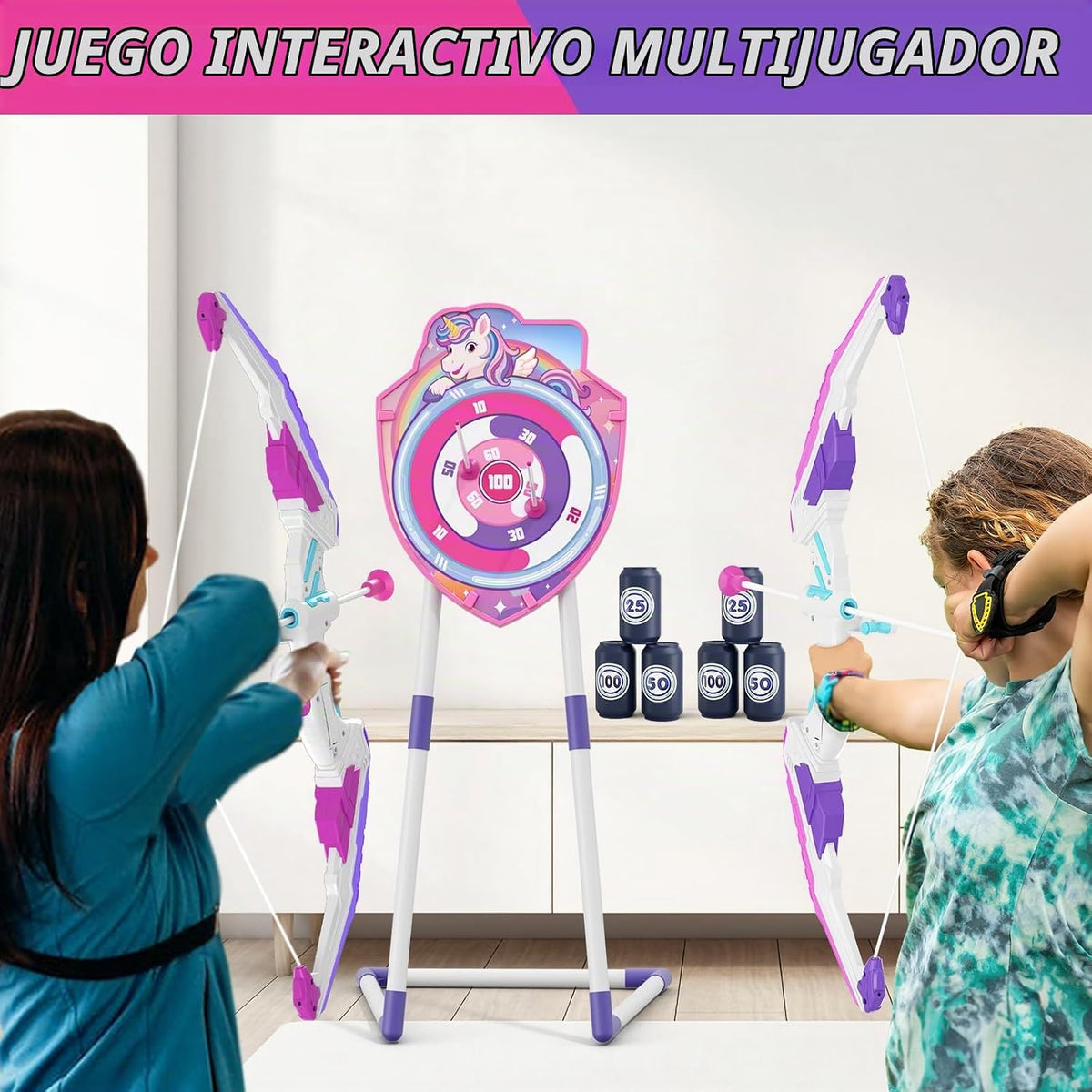 Pack de 2 Arco y Flecha para Niños, Arquería con Luz LED y Diana de Unicornio
