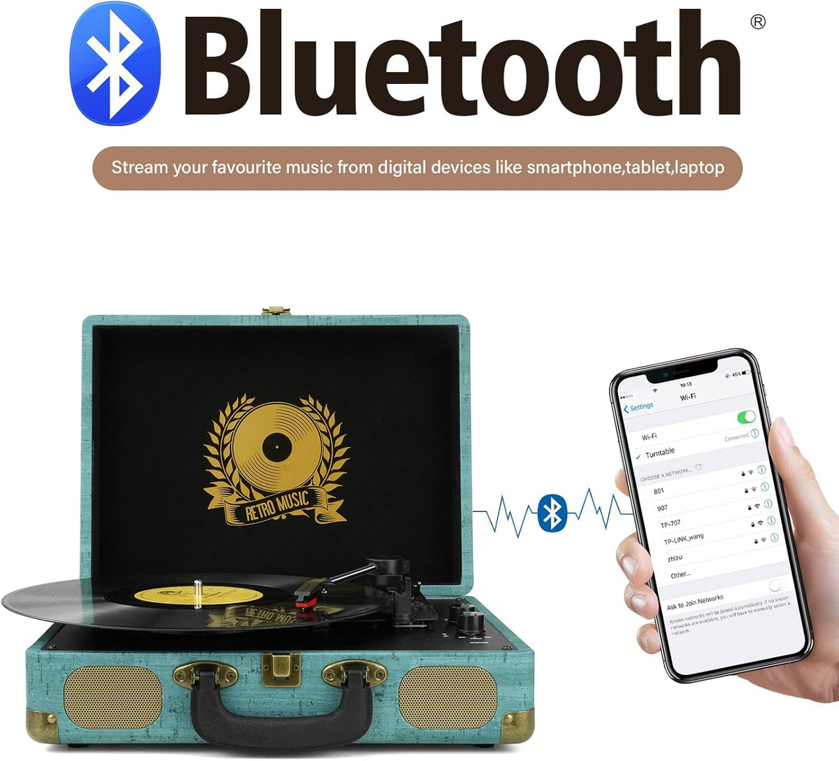 Tocadiscos de vinilo de 3 velocidades Bluetooth Maleta portátil accionado por correa, tocadiscos con altavoces, compatible con Bluetooth, salida RCA, entrada auxiliar de 0.138 in y conector para auriculares