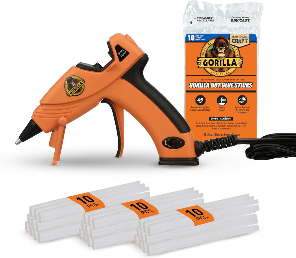 Kit de Pistola de Pegamento Caliente Mini de Gorilla (Paquete de 1 Pistola de Pegamento Caliente Mini y 30 Barras) - Doble Temperatura, Boquilla de Precisión y Disparador de Fácil Apretón