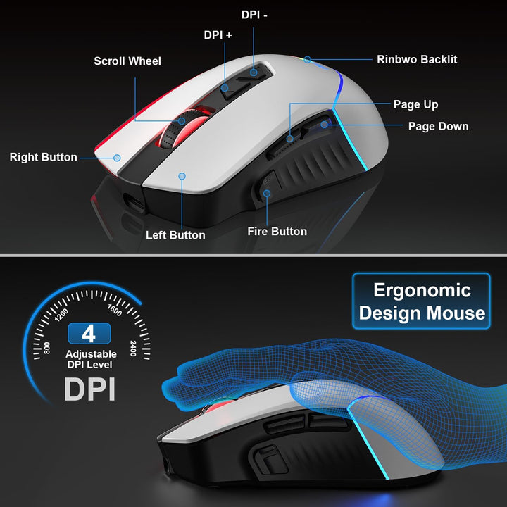 Combo de teclado y mouse para juegos BlueFinger inalámbrico, baterí...
