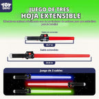 TOY Life Sable iluminado – Paquete de 3 sables de iluminación, espada de sable de luz extensible y plegable, juego de juguetes de sable con sonido FX sensible al movimiento, juguete de espada
