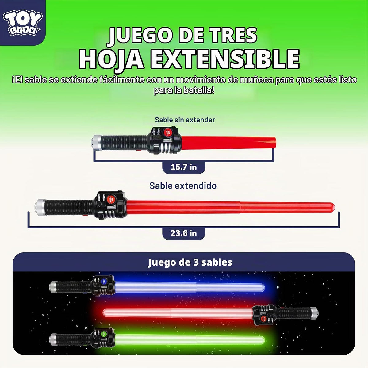 TOY Life Sable iluminado – Paquete de 3 sables de iluminación, espada de sable de luz extensible y plegable, juego de juguetes de sable con sonido FX sensible al movimiento, juguete de espada