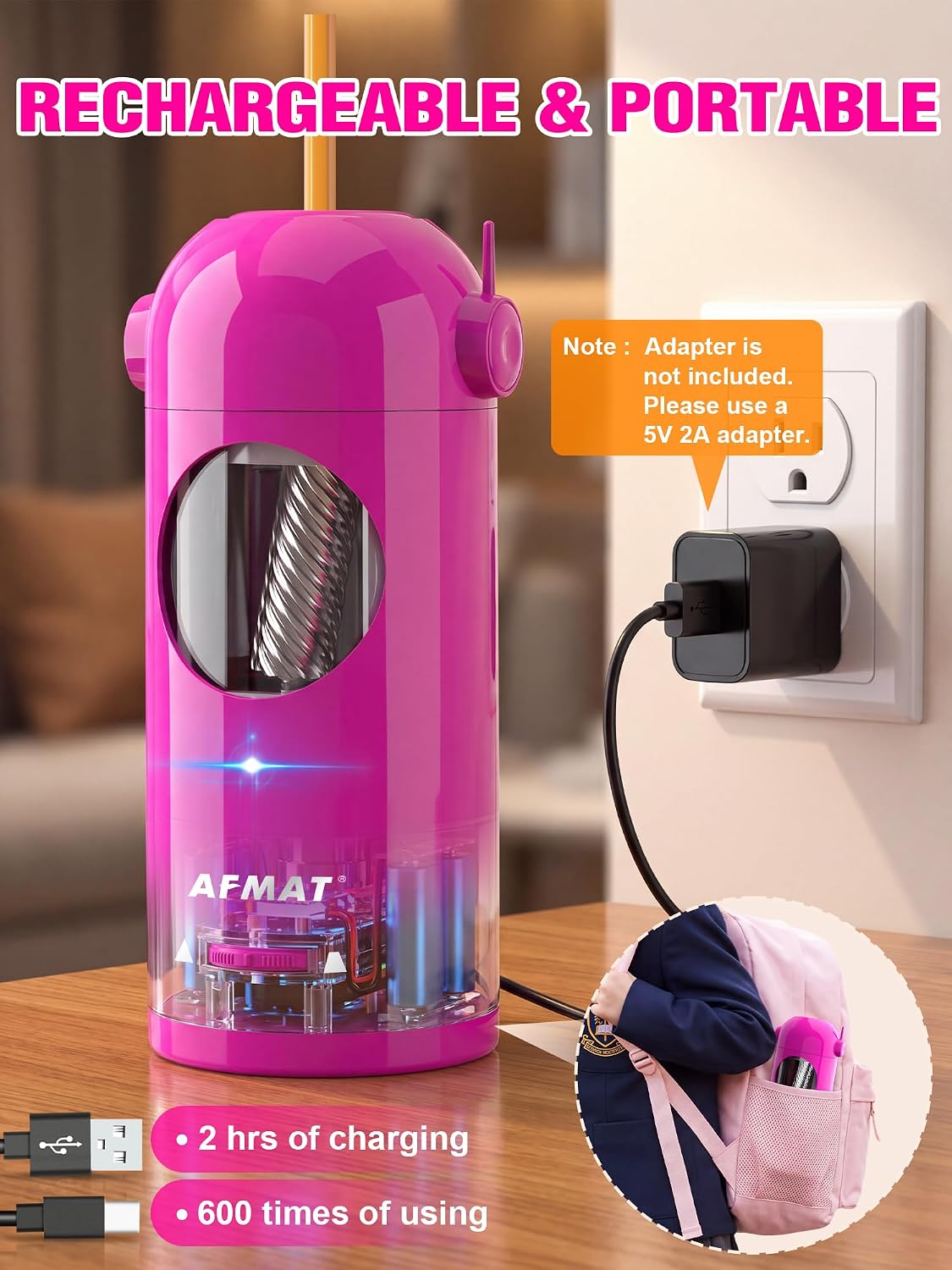AFMAT Sacapuntas eléctrico PSX5 para aula, sacapuntas automático para niños y lápices de colores, jumbo de 0.276-0.5 in, 3 ajustes de nitidez, sacapuntas robot inalámbrico recargable para profesores