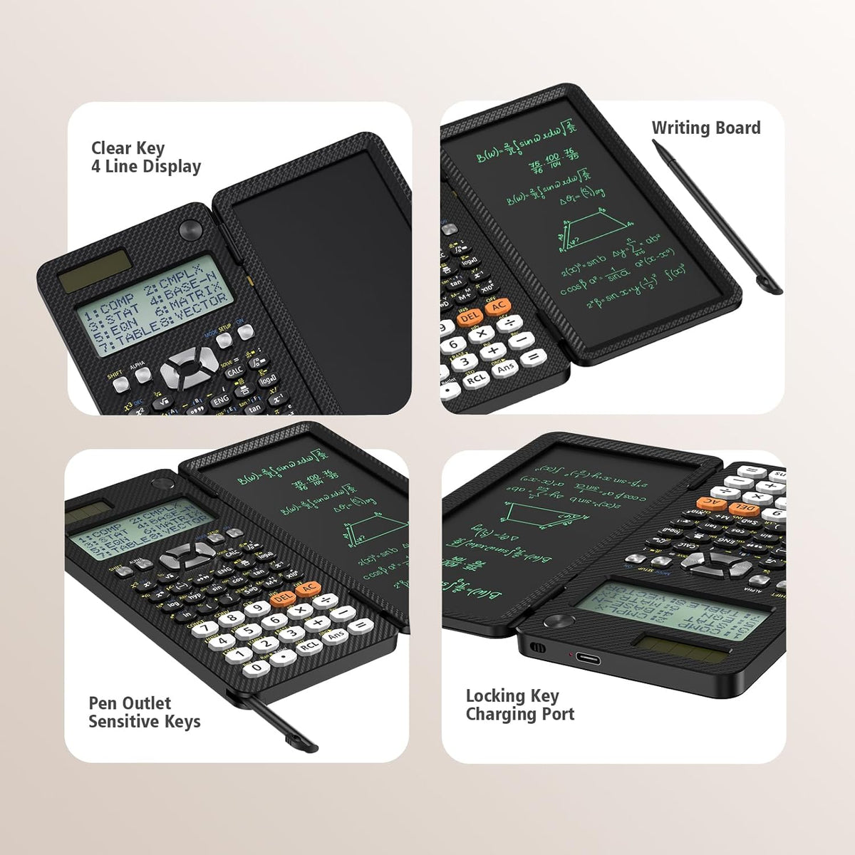 NEWYES Calculadoras científicas recargables 991ES MAX, 417 funciones, pizarra de escritura, estuche duro plegable, pantalla de 4 líneas con escritura avanzada, calculadoras para estudiantes de
