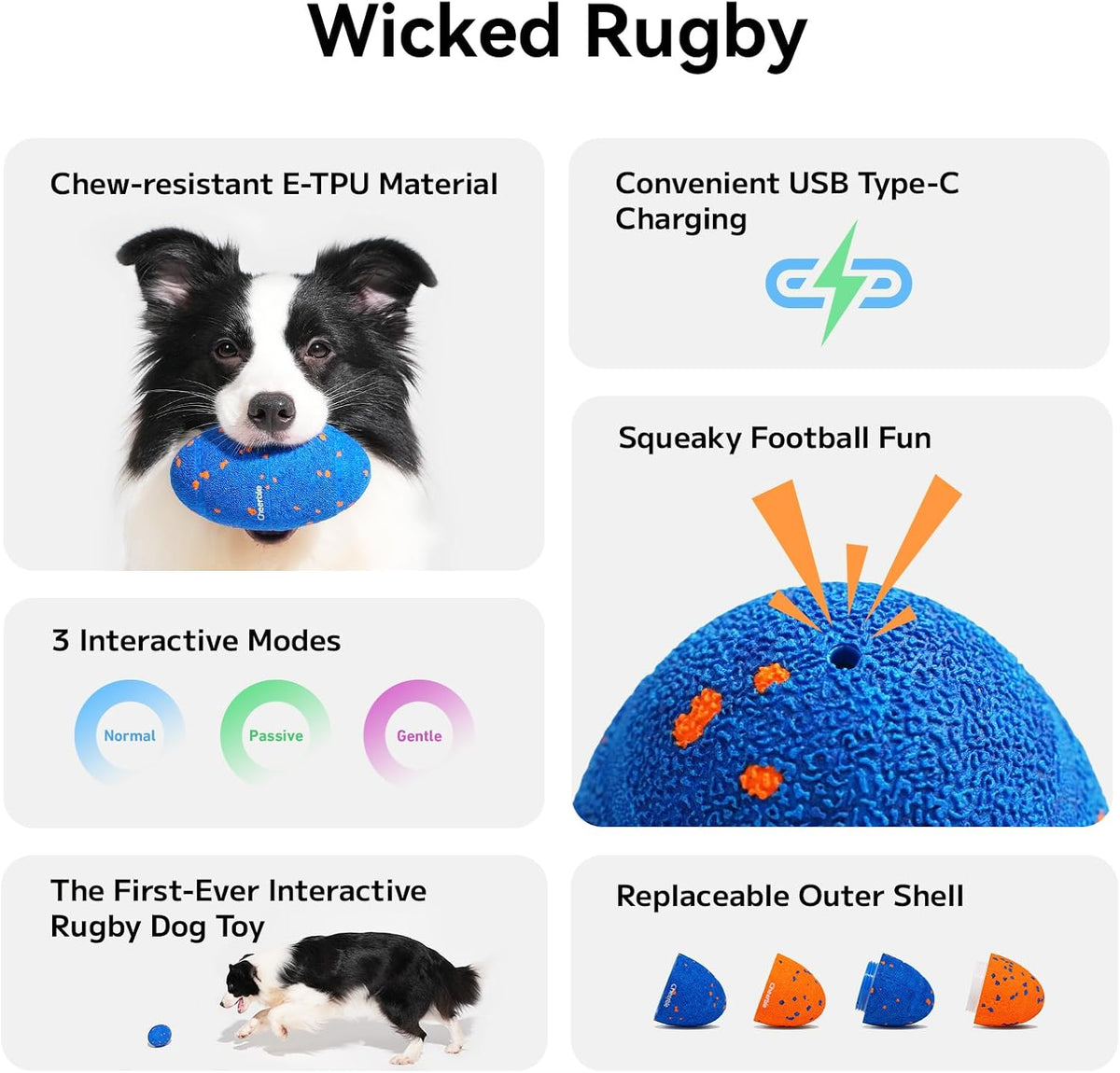 Cheerble Juguete interactivo inteligente para perros, rugby malvado, juguete chirriante para perro, movimiento automático, rebote y giro, material de E-TPU, juguete de búsqueda rebotante para uso en interiores y exteriores y perros pequeños a grandes