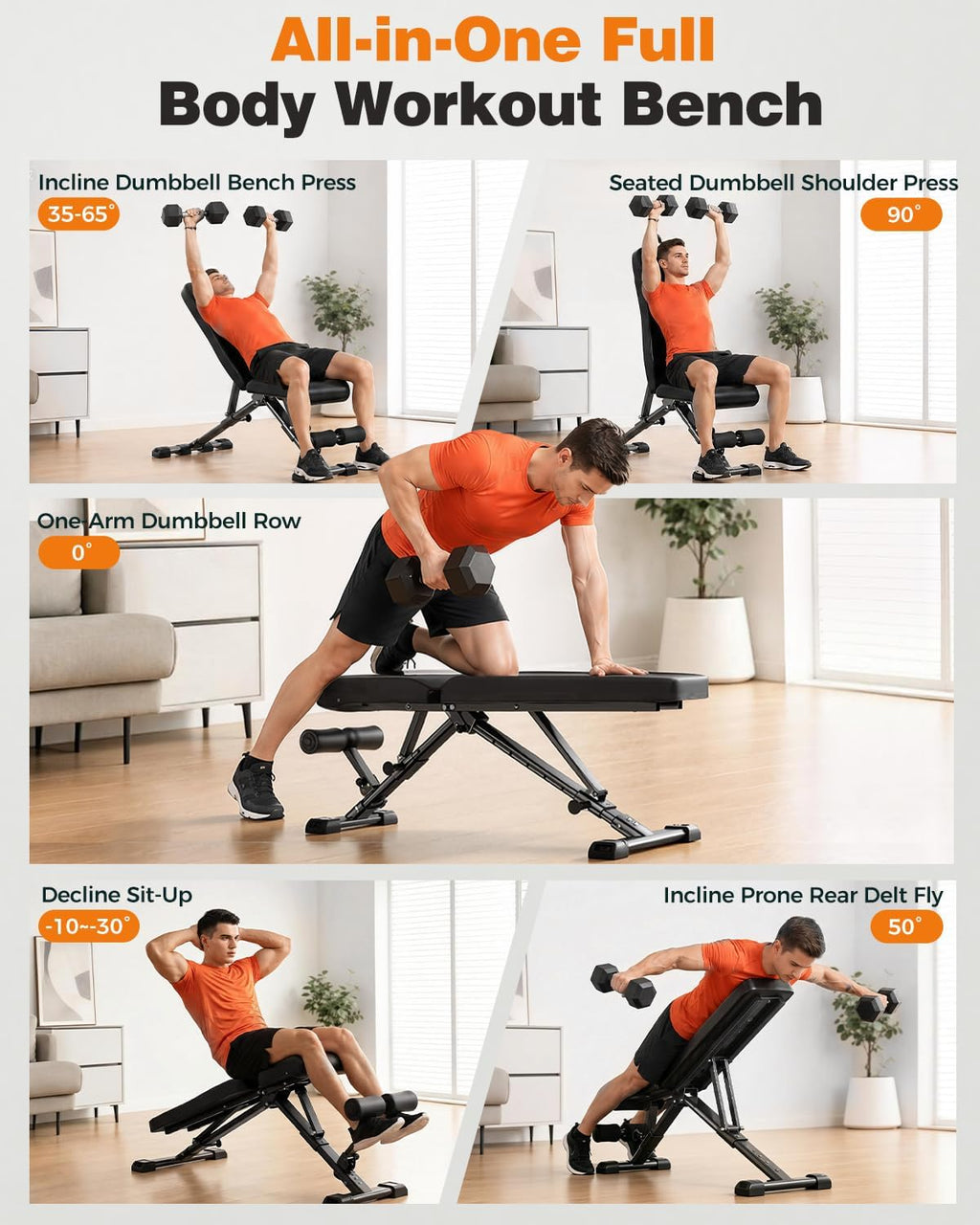 AIRHOP Banco de entrenamiento plegable, banco de pesas FID de 90° a -30°