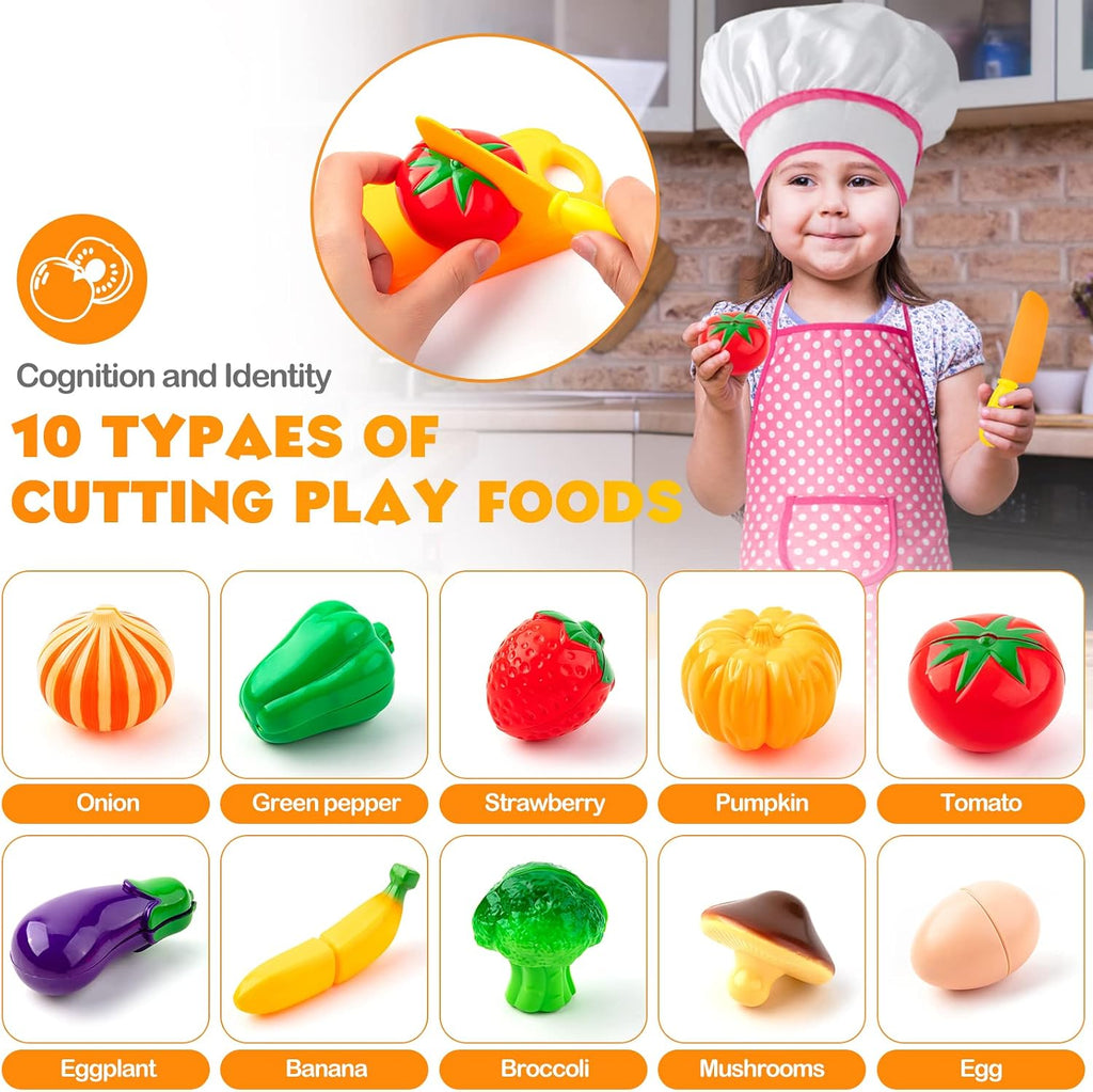 Tigerhu 26 accesorios de cocina de juguete, juguetes de cocina con utensilios de cocina de acero inoxidable, delantal y sombrero de chef, juego de ollas y sartenes, alimentos para cortar, grandes
