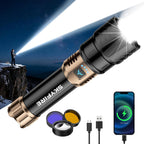 SKYFIRE Linternas de alto lúmenes con lente de encendido y luz de 3 colores, 10000 linterna recargable súper brillante de 3000 lm, zoom, 12 modos, luz táctica impermeable para exteriores