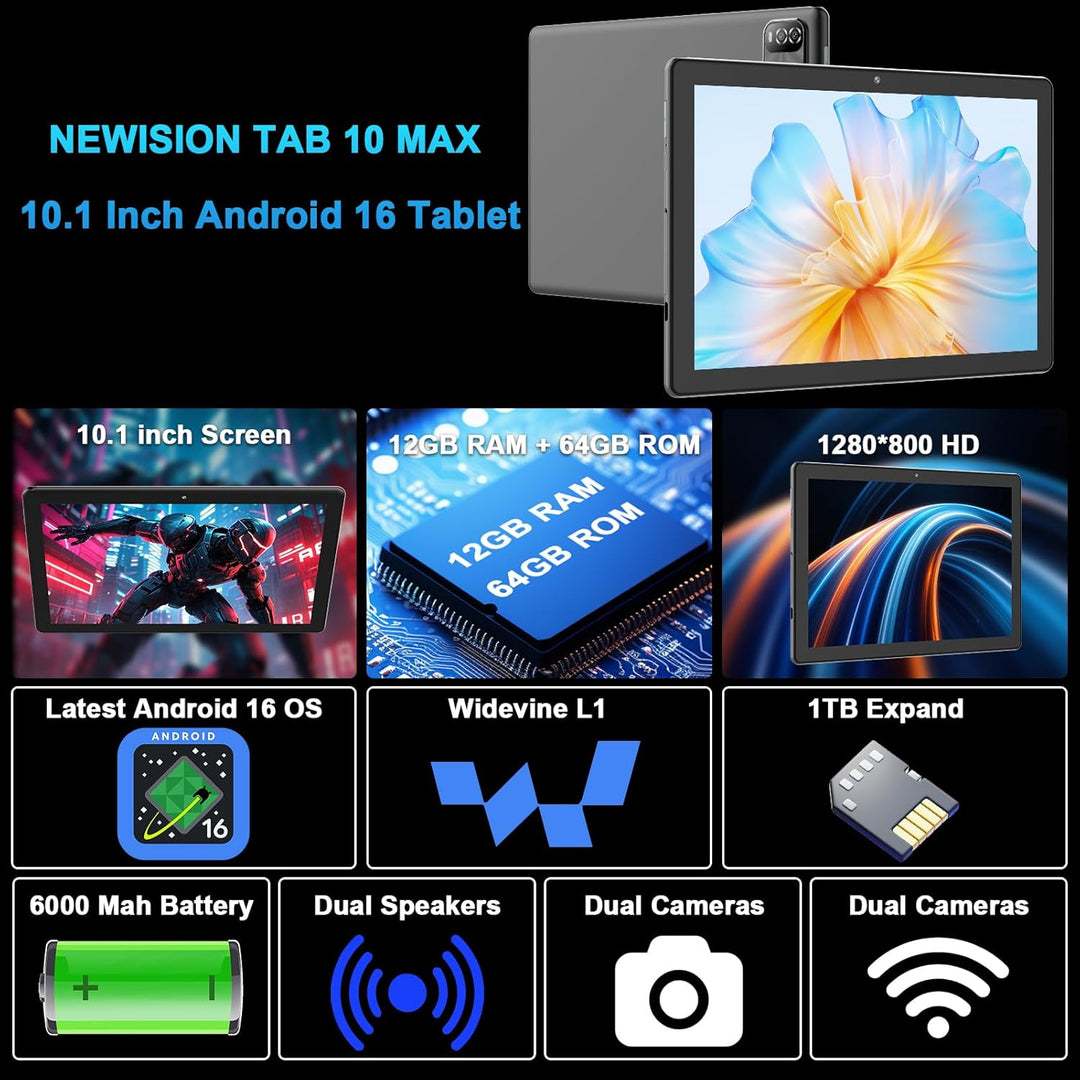 NEWISION Tablet Android 16 de 10 pulgadas con teclado, 12 GB de RAM...