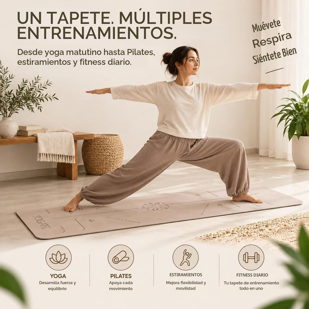 YOGATI® Esterilla de Yoga con Correa con Líneas de Alineación. Esterilla de Entrenamiento en Casa para Mujeres, Hombres y Niños. Esterilla de Yoga Gruesa Antideslizante para Pilates y Fitness