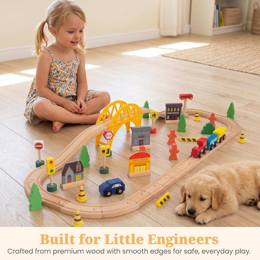 Juego de tren de 60 piezas para niños de 3 años, vías de juego de tren de madera de doble cara para niños pequeños, compatible con Brio, Thomas, Melissa y Doug, juguetes de tren de madera para niños y