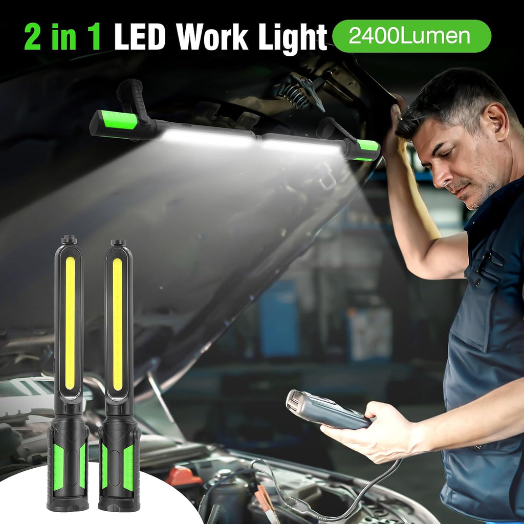 Lámpara Luz de trabajo para mecánico, LED de 2400 lúmenes, 4400 mAh recargable, magnética, luz de trabajo debajo del capó con ganchos para reparación de automóviles/inspección/garaje/taller/emergencia