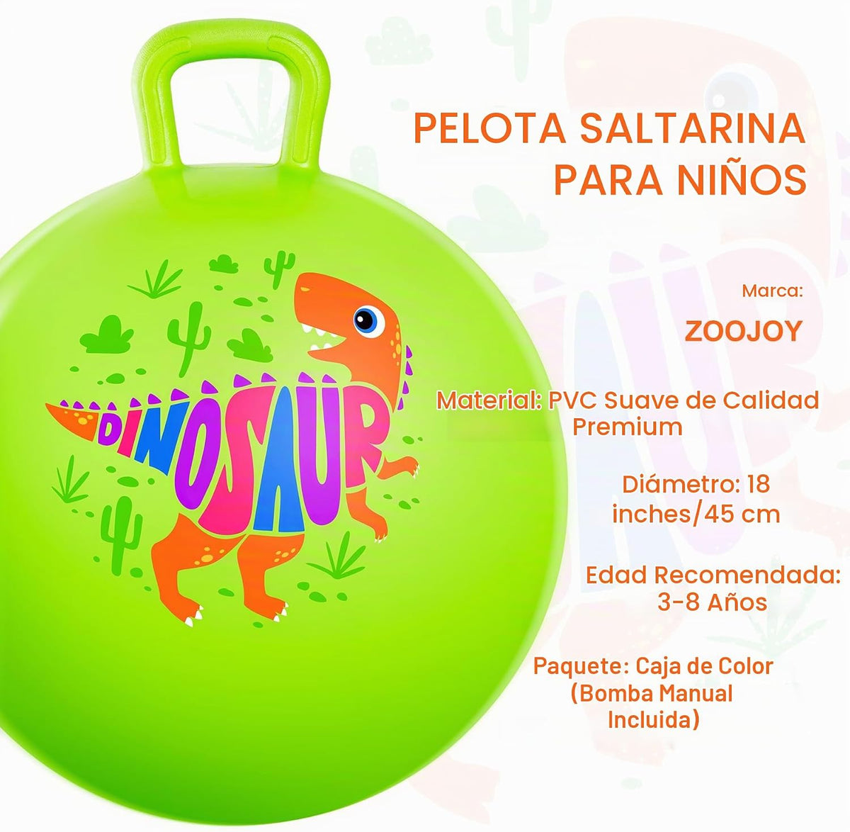 Bola de tolva para niños de 3 a 8 años, pelota hinchable de 18 pulgadas con asa, dinosaurio verde