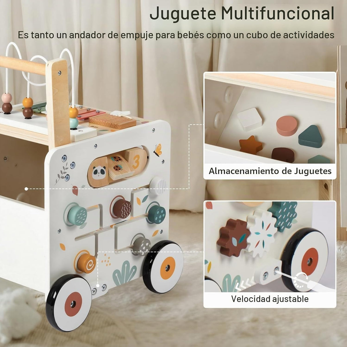 Wooden Baby Walker, Activity Cube Push Walker para Boys y Girls, Toddler Montessori Learning a Walk Toy con Adjustable Speed