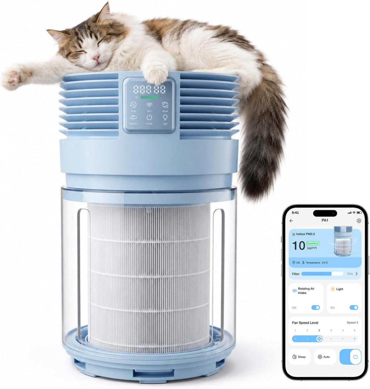 PETGUGU Purificadores de aire para el hogar 360 ° filtro giratorio H13 HEPA