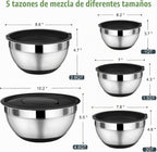 P&P CHEF - Juego de cuencos de mezcla con tapa, 5 piezas de cuencos de acero inoxidable para anidación y almacenamiento de ensaladas, 3 accesorios para rallar y fondos antideslizantes, tamaño 1/1.5/2