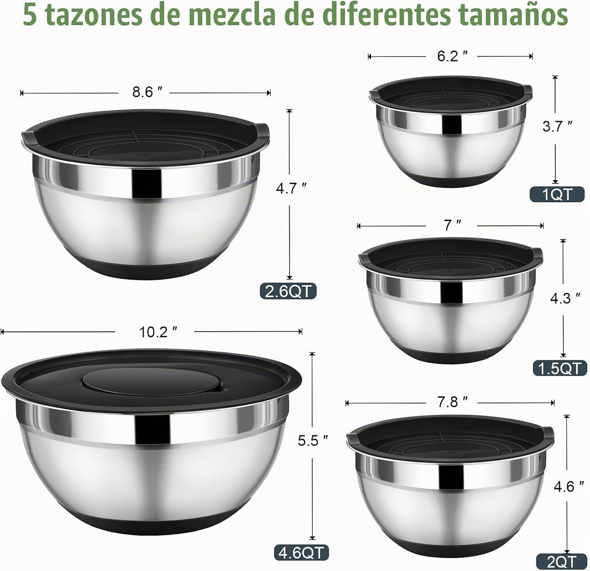 P&P CHEF - Juego de cuencos de mezcla con tapa, 5 piezas de cuencos de acero inoxidable para anidación y almacenamiento de ensaladas, 3 accesorios para rallar y fondos antideslizantes, tamaño 1/1.5/2