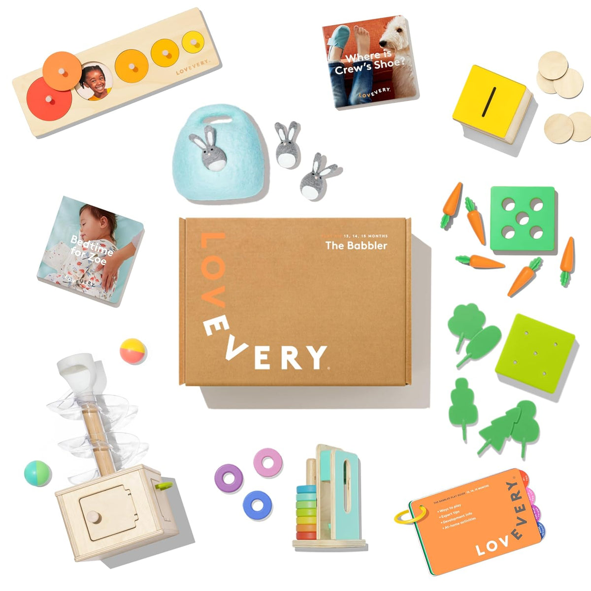LOVEVERY, El Kit de Juego The Babbler con Libro de Regalo "¿Dónde está el Zapato de Crew?", Kit de Juego de Cumpleaños, Juguete Montessori para Niños Pequeños (Mejor Regalo de Cumpleaños para Niños de