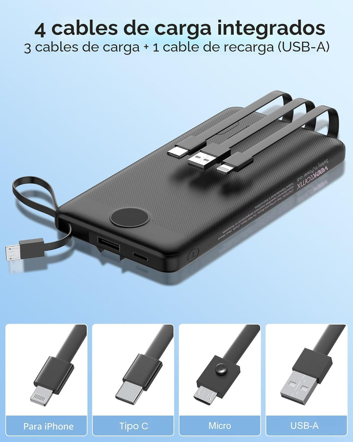 VEEKTOMX Cargador portátil con cables integrados, cargador de bater...