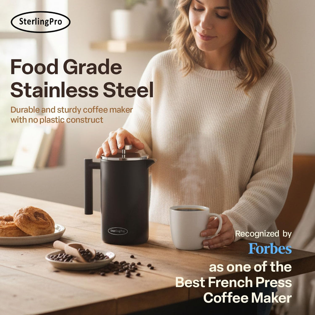 SterlingPro - Cafetera de prensa francesa de acero inoxidable extra grande con aislamiento no tóxico de 64 onzas, capacidad de 1/2 galón/2 litros (rendimiento de preparación de 59 onzas)