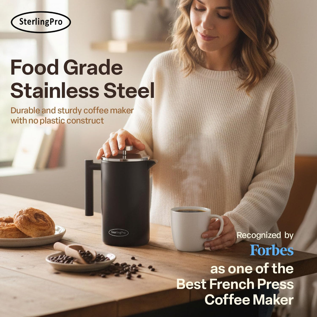 SterlingPro - Cafetera de prensa francesa de acero inoxidable extra grande con aislamiento no tóxico de 64 onzas, capacidad de 1/2 galón/2 litros (rendimiento de preparación de 59 onzas)
