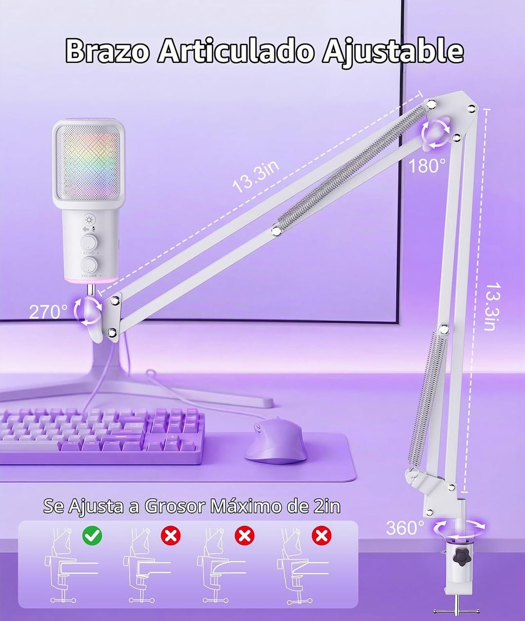 Micrófono USB para juegos, micrófono condensador con cancelación de ruido con silencio, ajuste de reverberación de micrófono de brazo de brazo, monitoreo para transmisión, podcasting, discordia