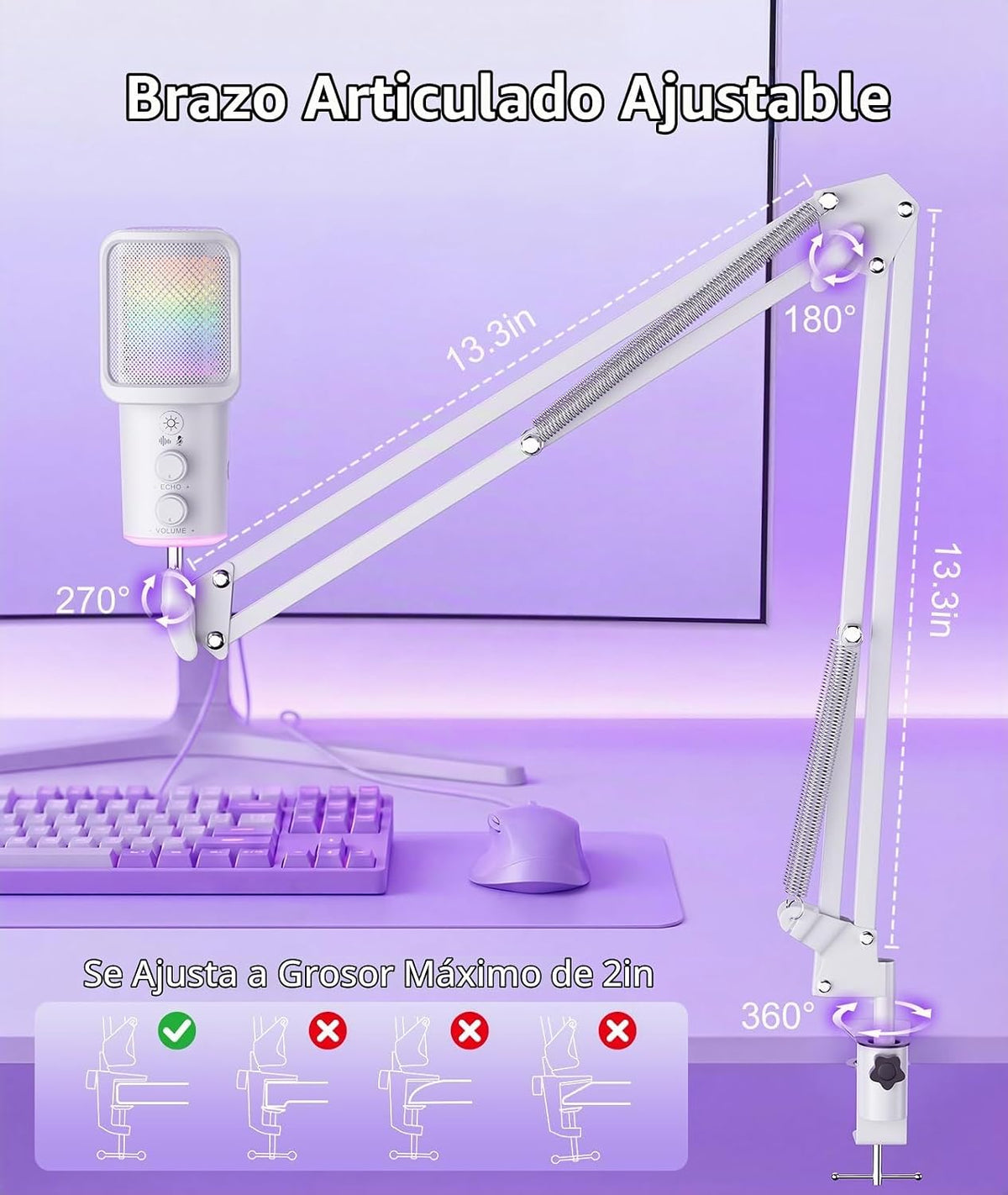 Micrófono USB para juegos, micrófono condensador con cancelación de ruido con silencio, ajuste de reverberación de micrófono de brazo de brazo, monitoreo para transmisión, podcasting, discordia