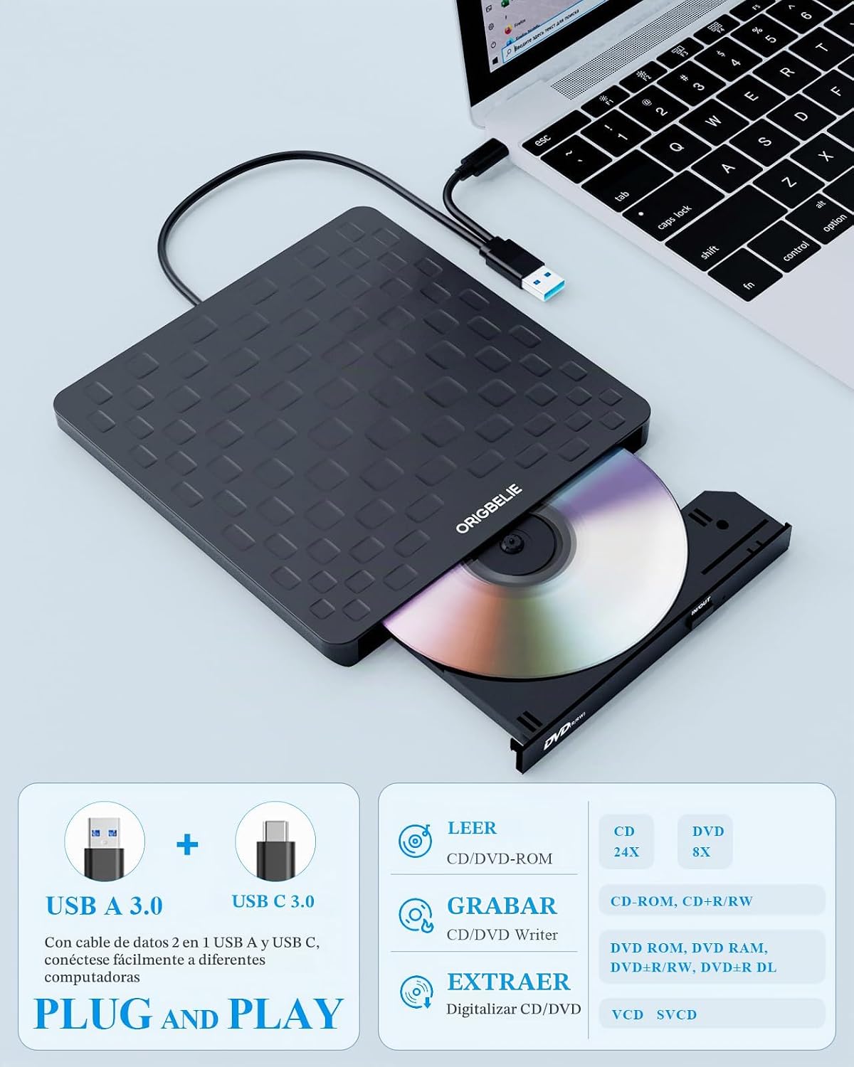 ORIGBELIE - Unidad externa de CD\/DVD para portátil, USB 3.0 tipo C...
