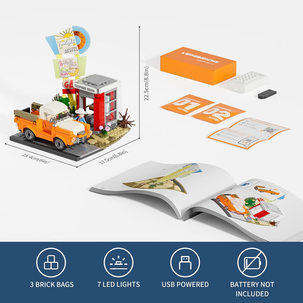 Lumibricks City Sunset-Stopover - Juego de ladrillos de construcción con iluminación – Estación de coche de viaje por carretera, colección modular, juego de construcción con luz LED, 455 piezas para