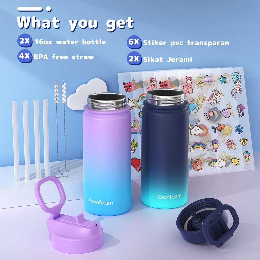 Gonfoam Botella de agua aislada de acero inoxidable para niños de 16 onzas
