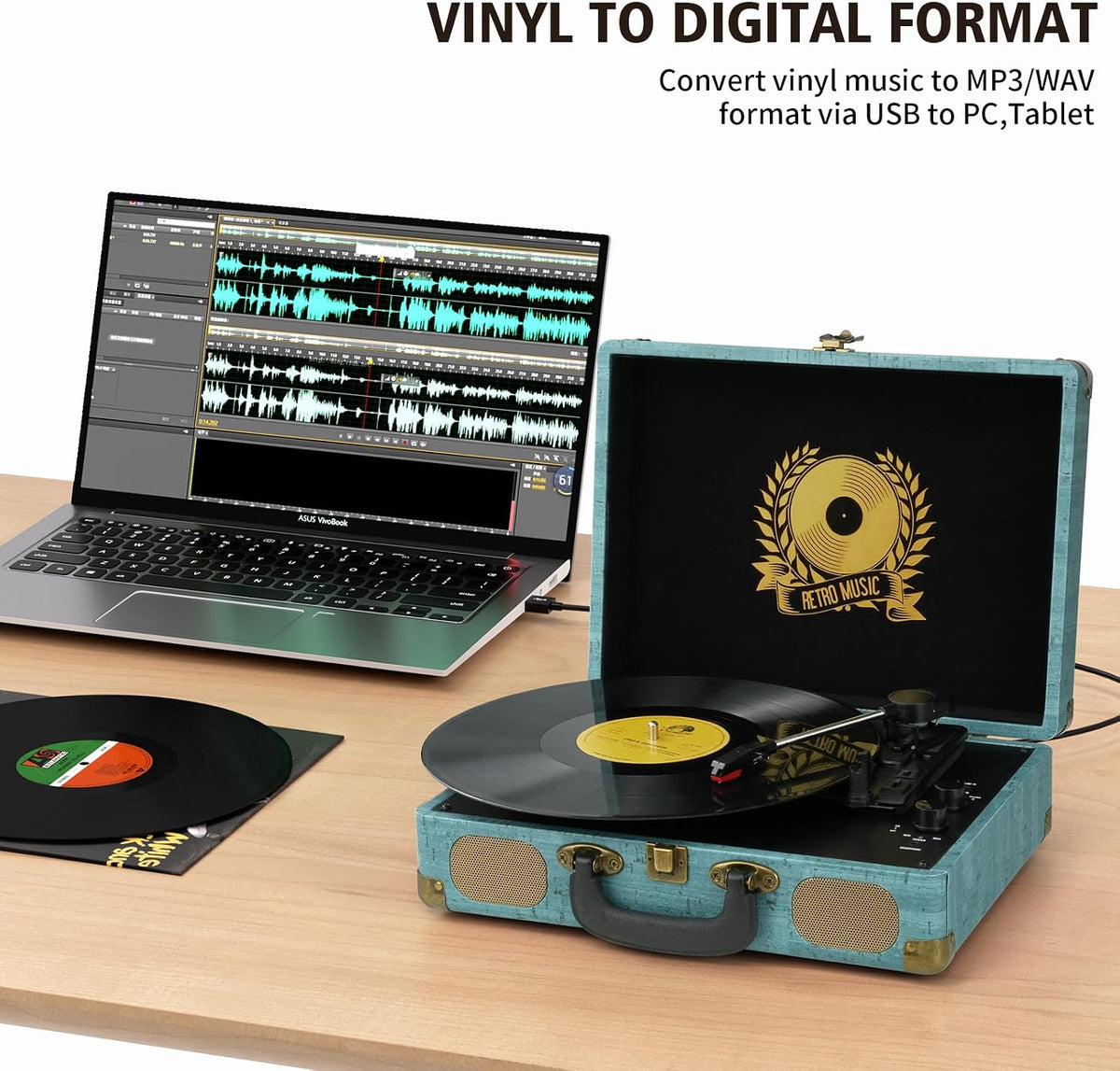 Tocadiscos de vinilo de 3 velocidades Bluetooth Maleta portátil accionado por correa, tocadiscos con altavoces, compatible con Bluetooth, salida RCA, entrada auxiliar de 0.138 in y conector para auriculares