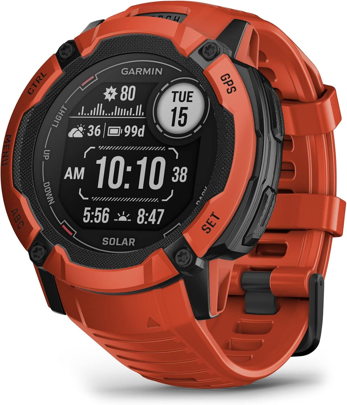 Garmin Instinct 2X Solar, reloj inteligente GPS resistente, linterna incorporada, capacidad de carga solar, GNSS multibanda, color rojo fuego