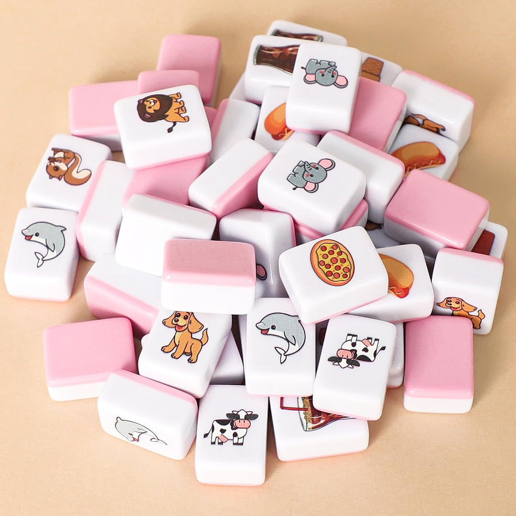 GRACIAS Juego de Mahjong de 2 jugadores, juego de fichas de Mahjong con 50 fichas rosas premium (30mm) con patrón de animales y alimentos, juego de Mahjong portátil con una bolsa de transporte