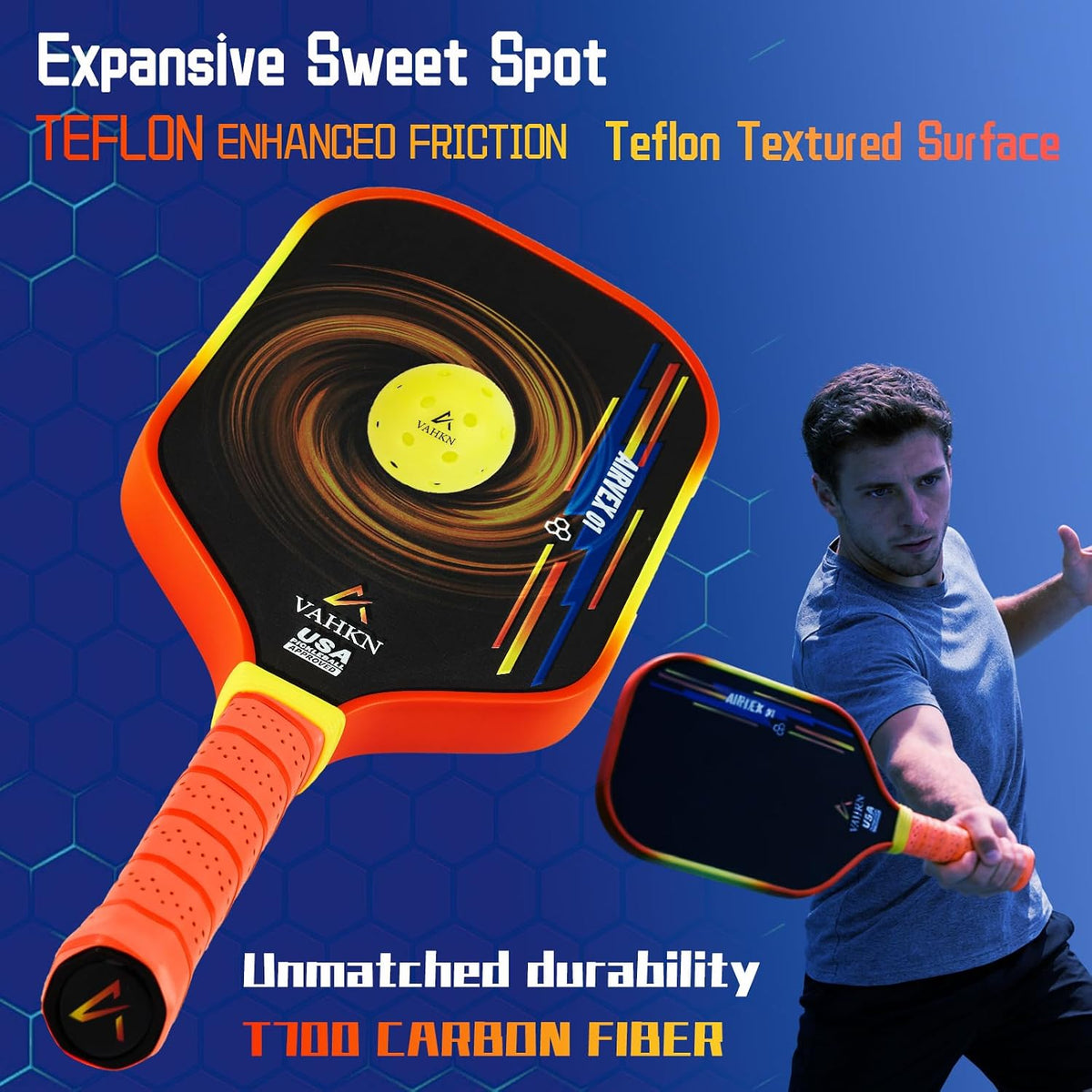 Paletas de pickleball | Pala de pickleball de fibra de carbono de 0.63 pulgadas | Superficie texturizada de alto giro y borde degradado vibrante | Raqueta aprobada por USAPA para máxima potencia
