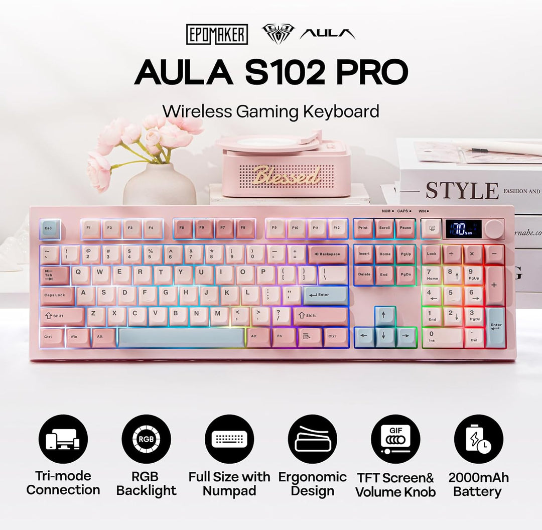 EPOMAKER Aula S102 PRO Membrane Gaming Keyboard with TFT Screen, Vo...