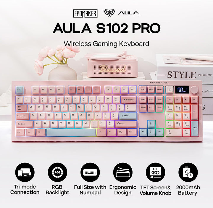 EPOMAKER Aula S102 PRO Membrane Gaming Keyboard with TFT Screen, Vo...