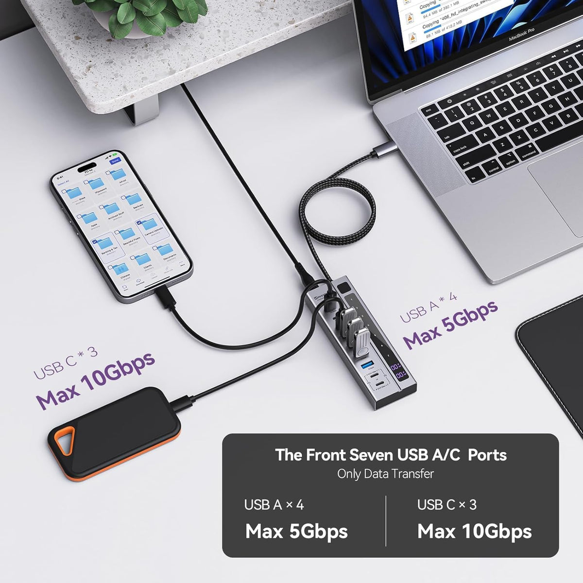 minisopuru, hub USB, alimentado