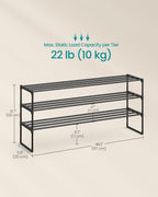 SONGMICS Zapatero, organizador de zapatos de 3 niveles, estante de almacenamiento de metal, vertical o al revés, para 20-24 pares, apilable, para entrada, 11.8 x 46.1 x 21.7 pulgadas, negro ULSA033B01