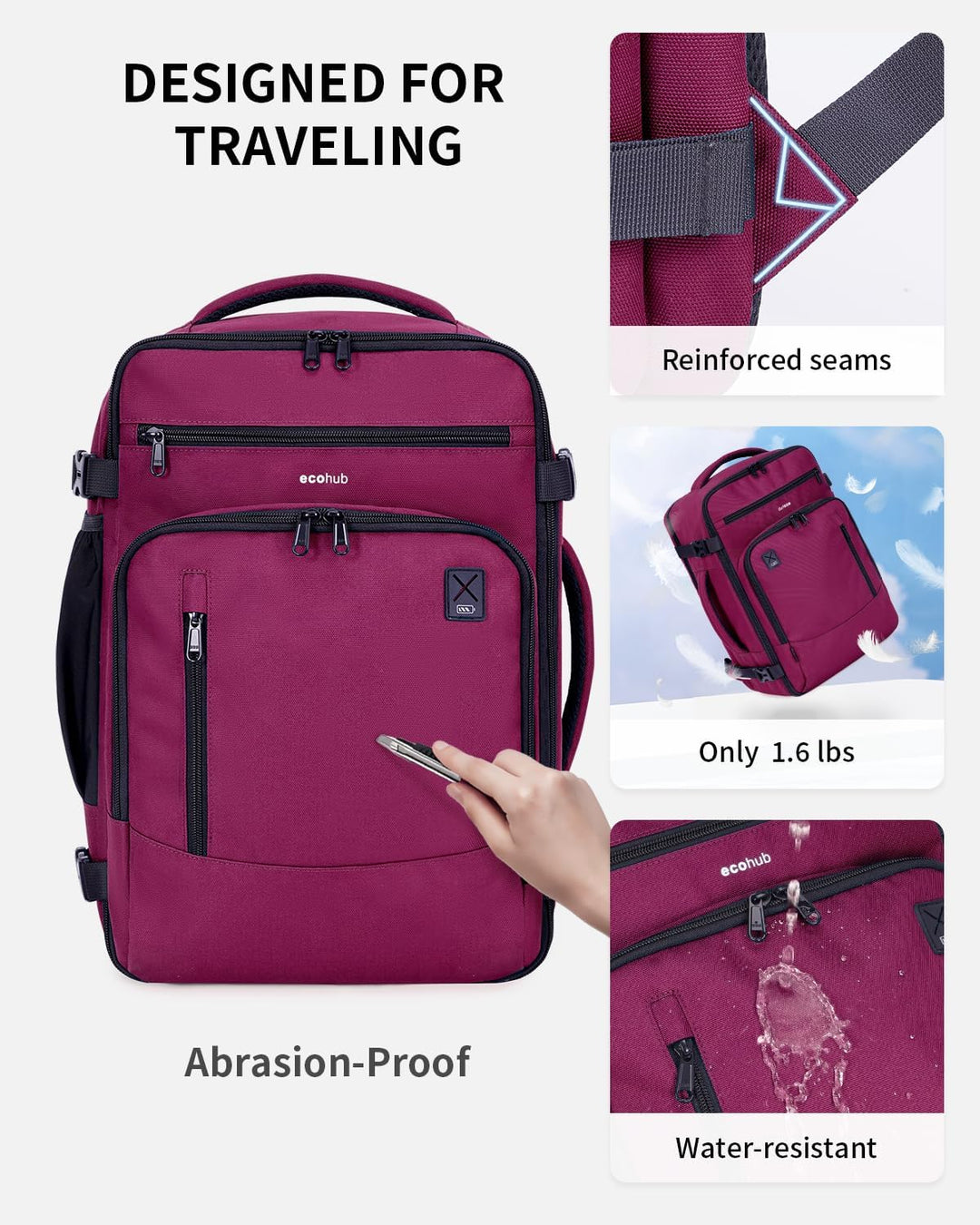 ECOHUB Mochila de Viaje Mochila de Equipaje de Mano, rojo (Red-3),...